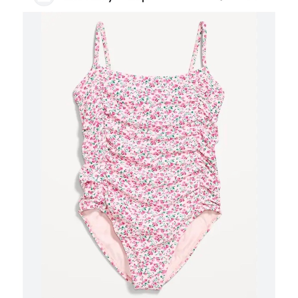 Old Navy‎ Pink Floral Ruched One Piece Swimsuit Ruffle Straps Square Neck 2x